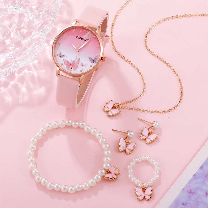 6 шт. в наборе, женские модные кварцевые часы, женские часы с розовым циферблатом бабочки, роскошные брендовые дизайнерские женские кожаные Наручные часы Montre Femme