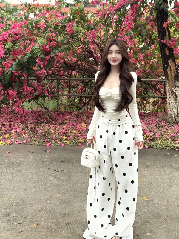 

Эластичный кружевной трикотажный комплект: брюки с широкими штанинами в горошек с высокой талией и шикарный весенний модный комплект с длинным рукавом и квадратным воротником для женщин