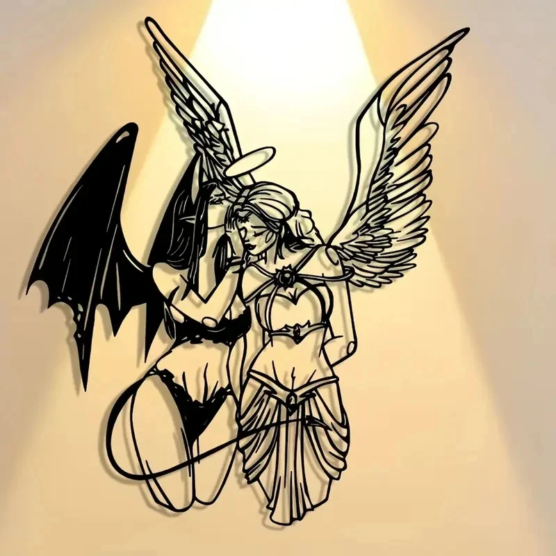Halloween and Christmas Angel Demon Metal Wall Art Elegant Abstract Design Decoration, Suitable for Home, Office, Cafes, and Bars