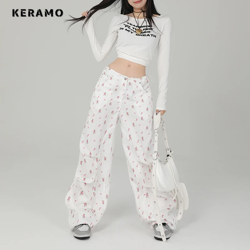 

American Casual Sweet Floral Print High Waist Wide Leg Pants 2023 Autumn Women's Fashion Loose White Full Length Trousers