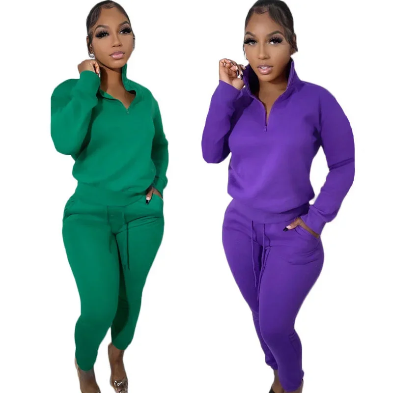 

KEXU Fashion Women's Set Zipper Turn-down Collar Sweatshirt and Jogger Pants Suit Streetwear Two 2 Piece Set Casual Tracksuit