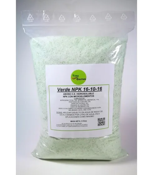 All green NPK 16-10-16 special BROTACION, hydrosoluble fertilizer for the first irrigation cycles, young plantations throughout the campaign and crops with little macroelements requirement