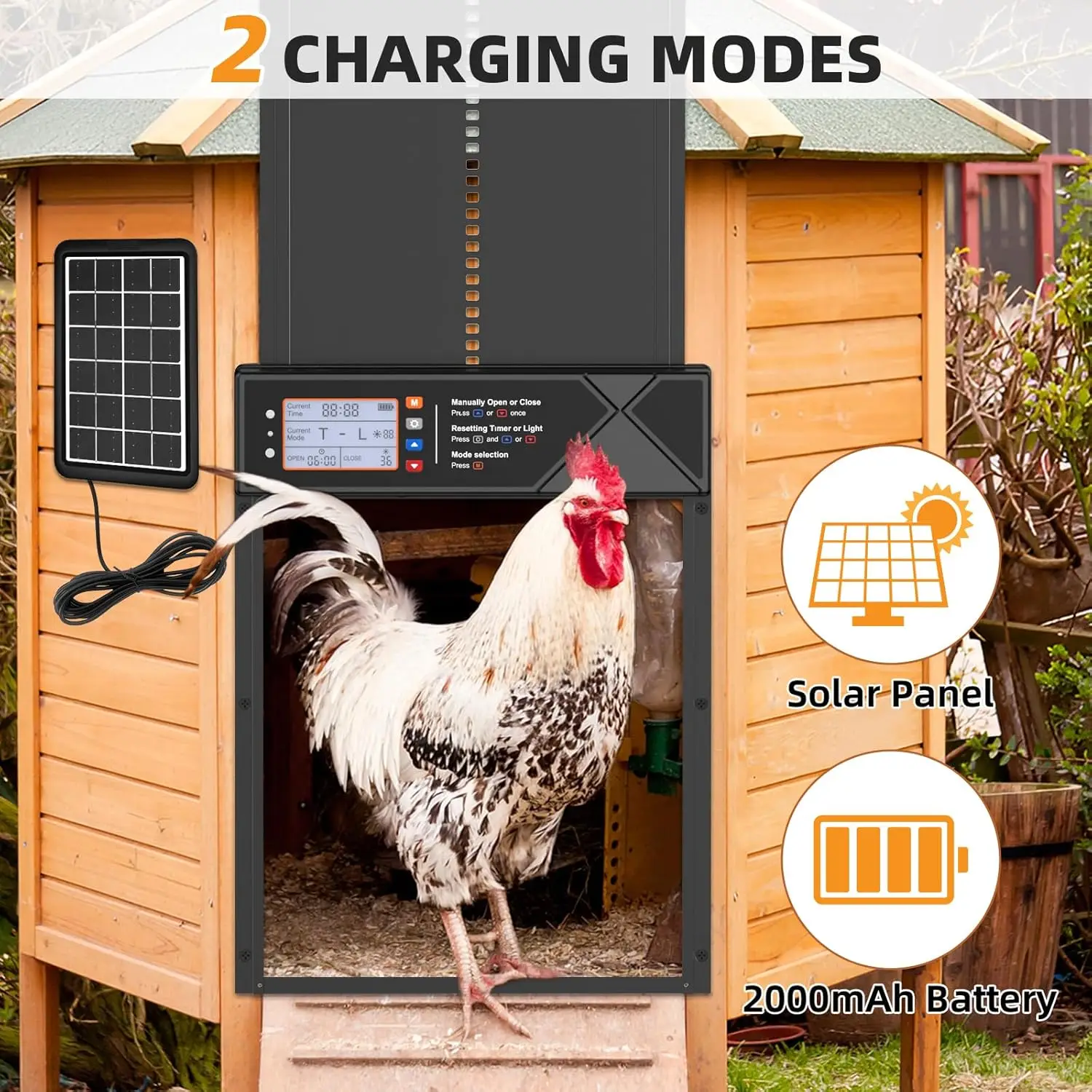 自動鶏小屋ドア太陽光発電、2000 mAh LCD ディスプレイ自動鶏ドアタイマー & 光センサー付き、アルミニウム合金