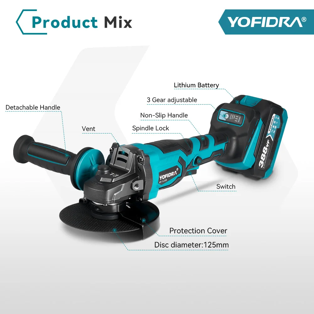 YOFIDRA 125mm Brushless Angle Grinder 3 Gears Cordless Grinding Machine Cutting Woodworking Power Tool For Makita 18V Battery