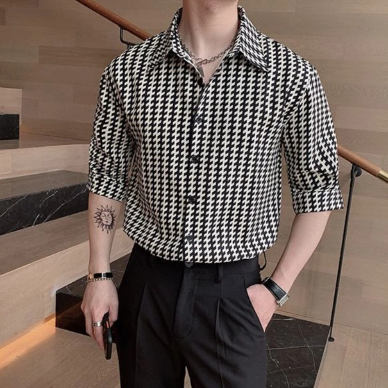 

Korean Style Versatile Men Long Sleeve Plaid Shirt 2026 Autumn Retro Lazy Stripe Casual Top