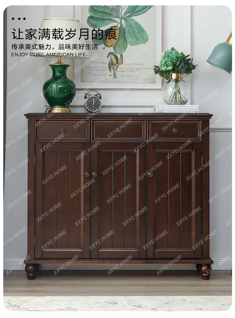 

Rural Solid Wood Three-door Shoe Cabinet Retro Porch Entrance Entrance Locker Black Walnut