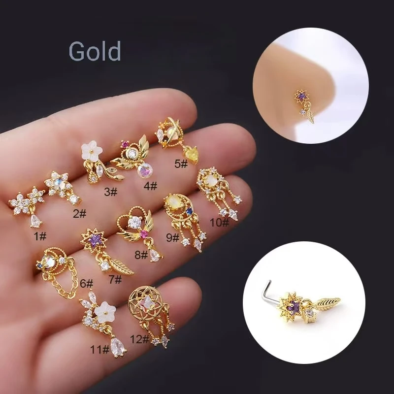 1PC 20G L Shaped Dangle Nose Stud CZ Stainless Steel Nostril Screw Flower Moon Star Tassel Nose Piercing Jewelry (Choose Style)