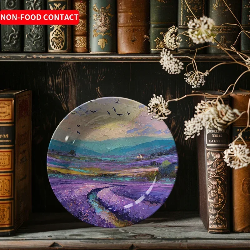 1pcLavender Field Ceramic Decorative Plate Hand Painted Floral Bird Design Wall Art Hanging Dish Non Food Contact Home Decor
