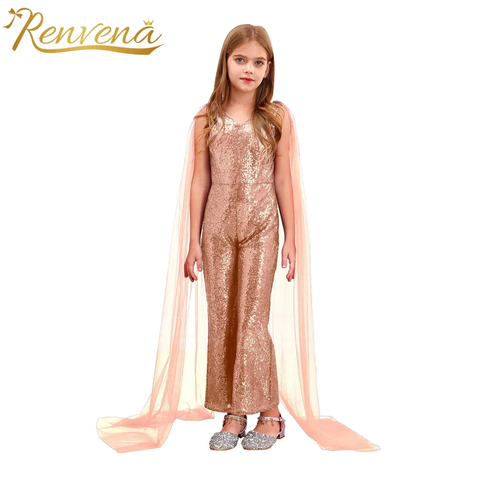 

Kids Girls Sparkly Sequined Jumpsuits Birthday Party Gown Jazz Dance Costumes Cape Sleeve Wide Leg Pants Gymnastics Jumpsuit