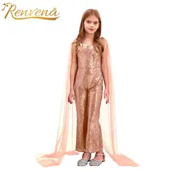 Kids Girls Sparkly Sequined Jumpsuits Birthday Party Gown Jazz Dance Costumes Cape Sleeve Wide Leg Pants Gymnastics Jumpsuit