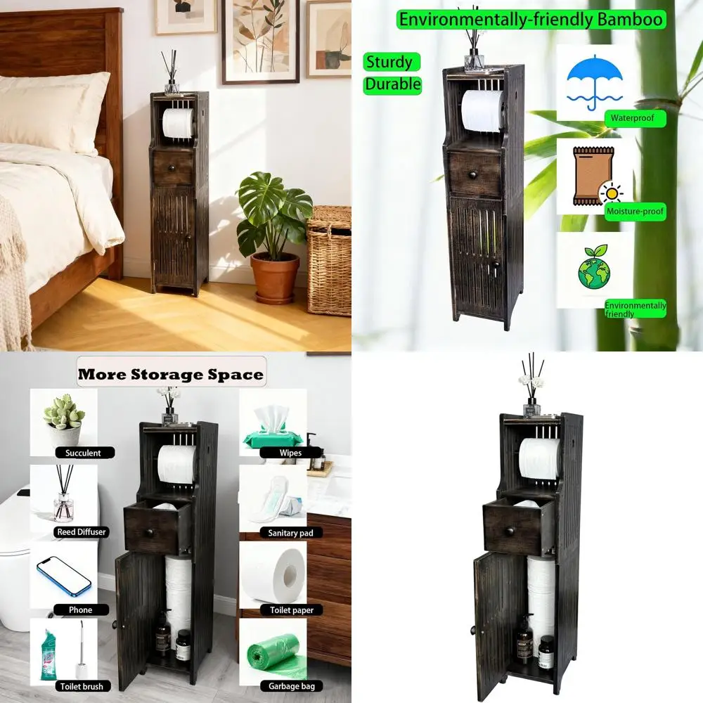 

Space-Saving Bamboo Toilet Paper Stand with Drawer and Shelf, Vintage Black for Compact Bathrooms