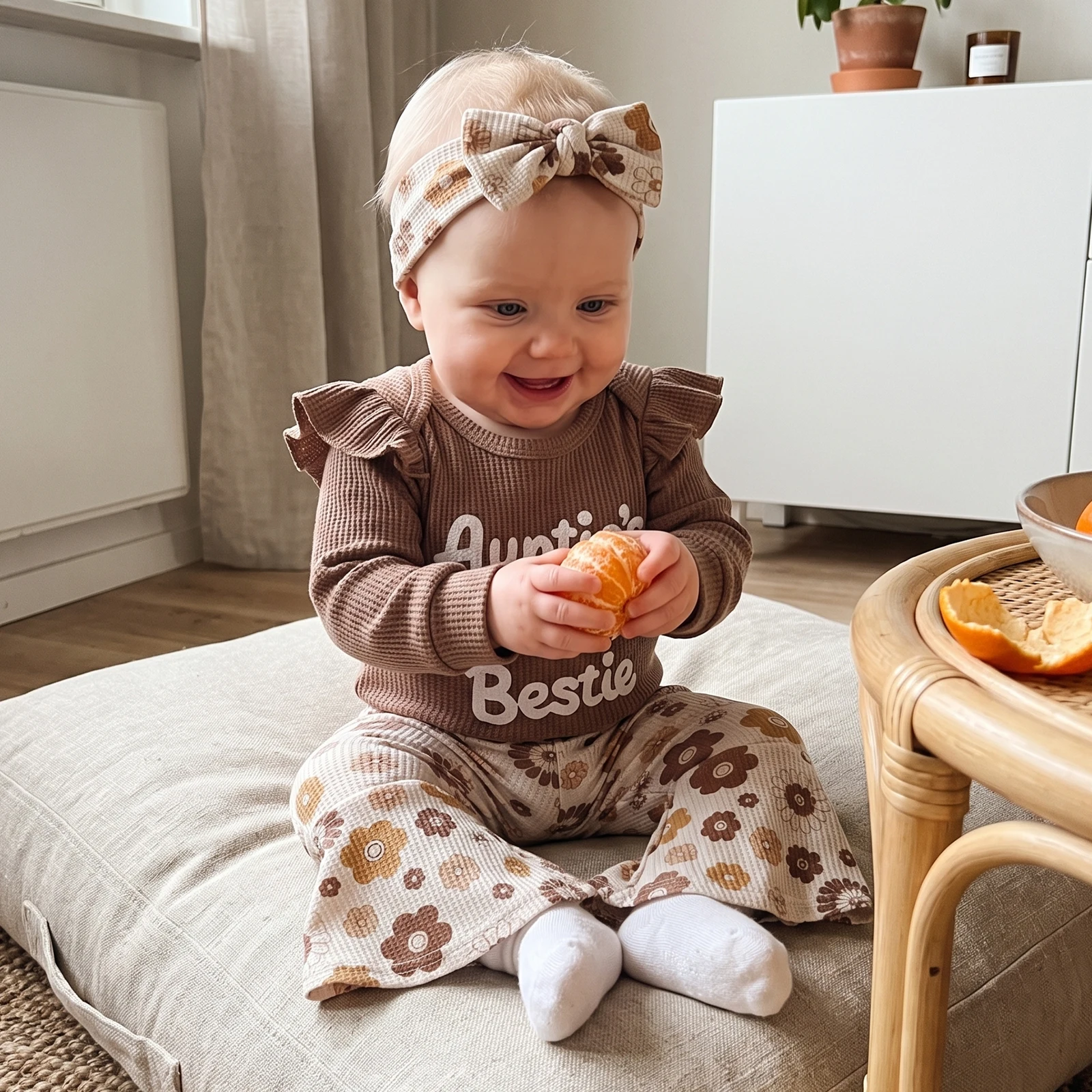 Baby Girl Bell Bottom Outfit Letter Embroidery Romper Floral Pants Headband