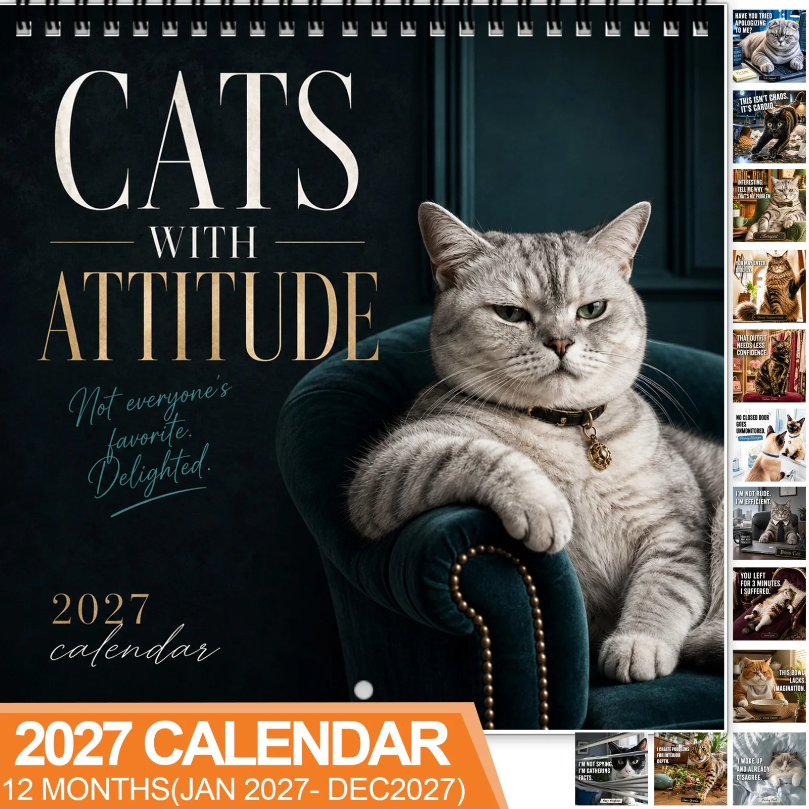 2027 Wall Calendar 12 Months Cats With Attitude Funny Sassy Cat Art Wall Hanging Calendar Monthly Planner Gift for Cat Lovers