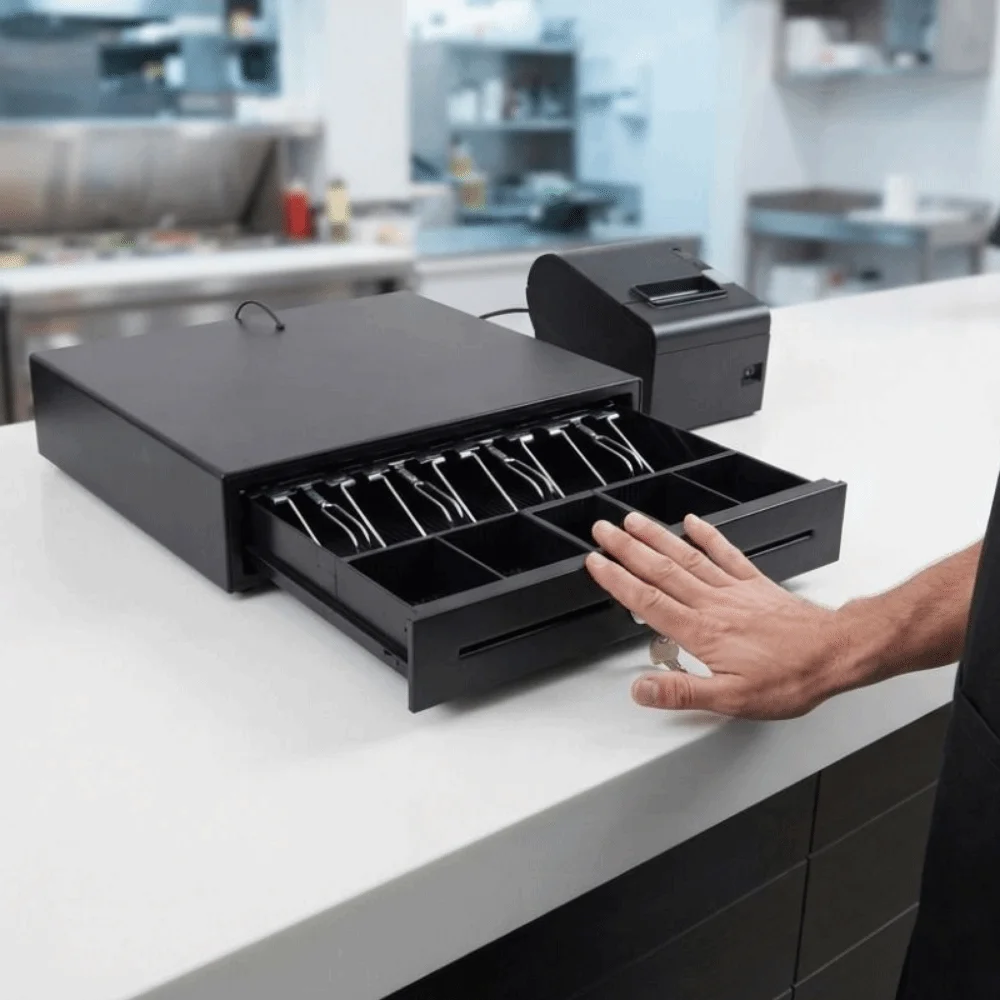 Metal Supermarket Cash Box Wiring RJ11 4 Bill 5 Coin Cash Register Drawer with Key Heavy Duty Money Safe Storage Box Shops