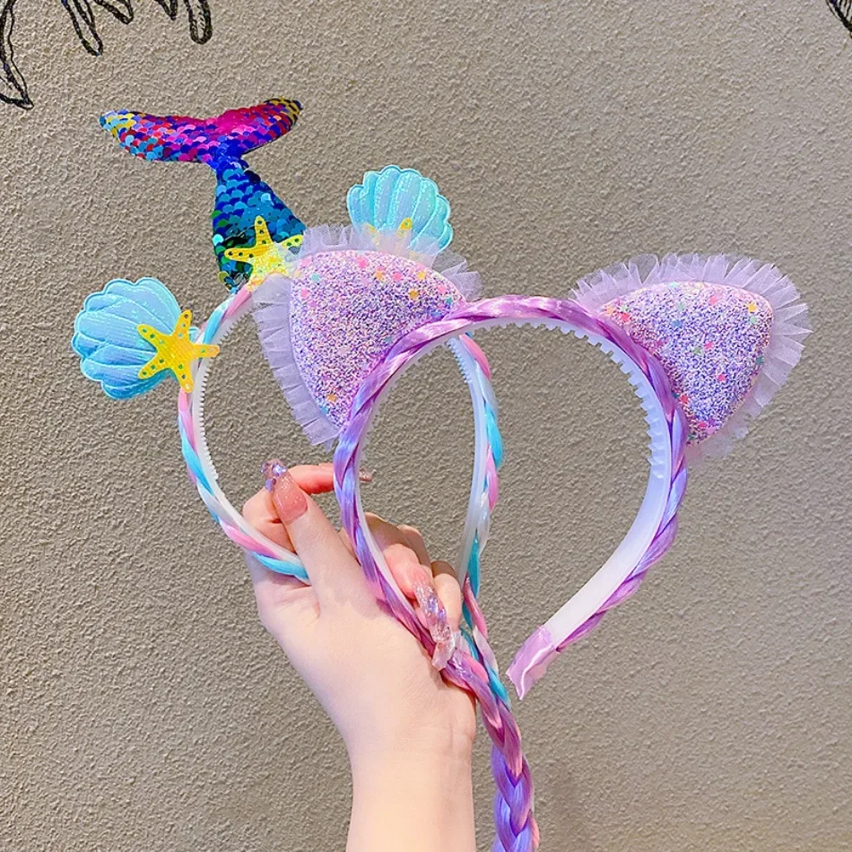 Children Mermaid Hairband Baby Rainbow Unicorn Wig Braid Headband Girl Cartoon Baby Margarine Hairband Girl Birthday Gift view 4