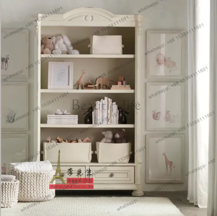 

French retro solid wood bookcase American carved multi-layer bookcase old storage cabinet