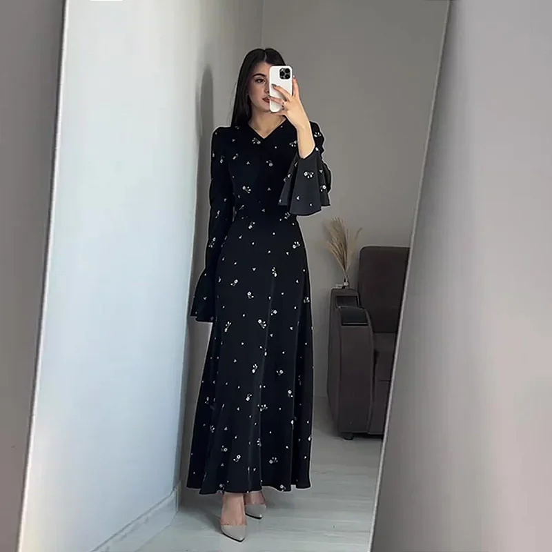 Dubai Arab Long Dress Women 2024 Autumn New Fashion Style Long Sleeve Slim Fit Ruffle Dress Long Dress Stand Collar Clothing