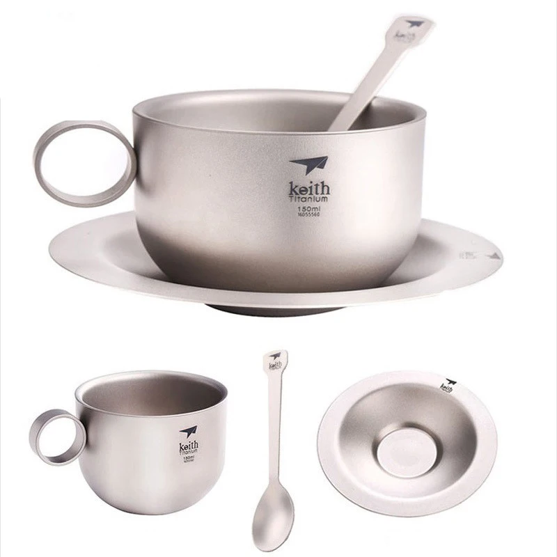 Keith Ultralight Titanium Coffee Cup Set 150ml with Pot Spoon Portable Outdoor Tea Cutlery Titanium Water Mug Ti3601