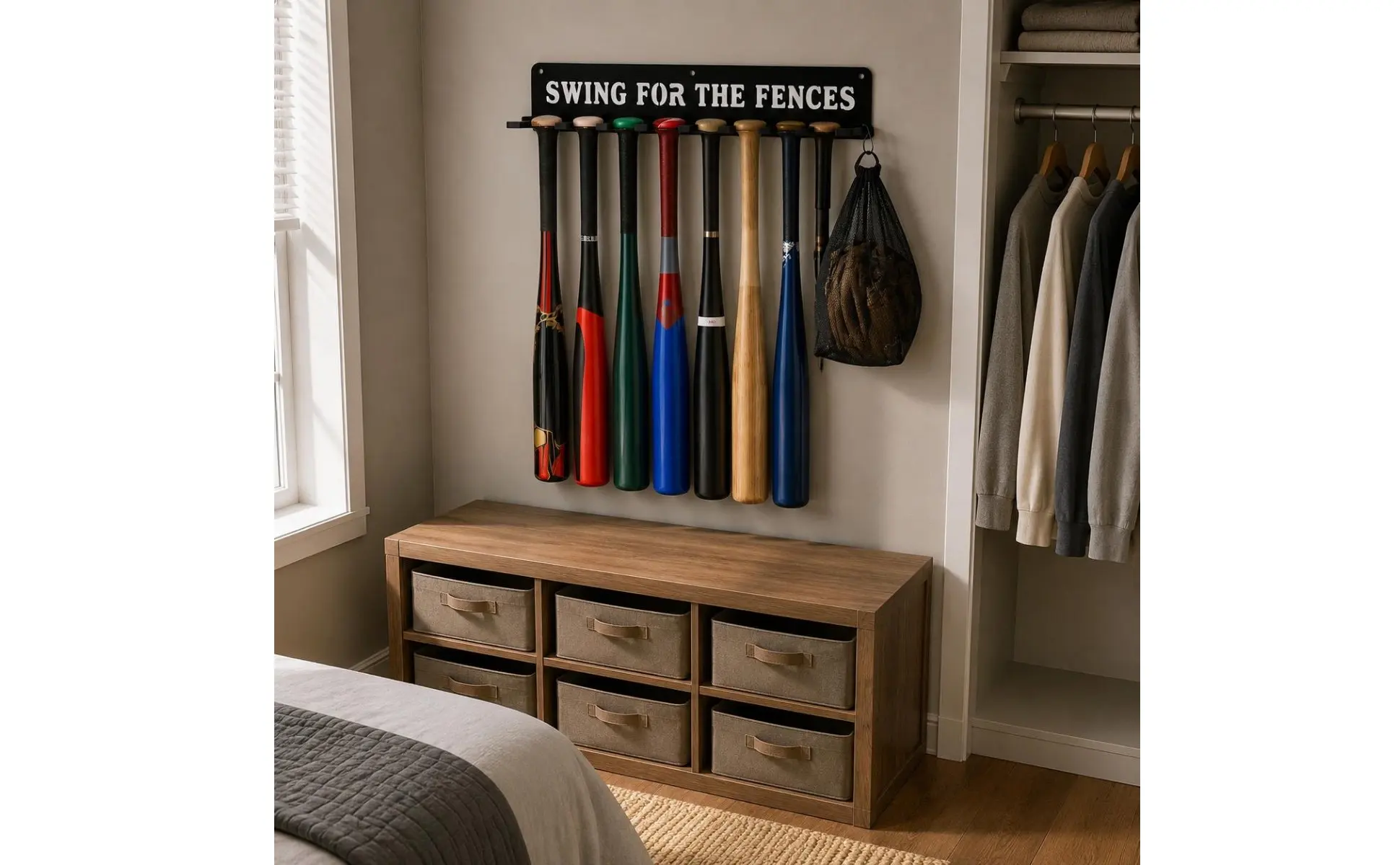 14 Bats 14 Sports Equipment Storage Rack Carabiner Hook Wall Mount Sports Equipment Rack Metal Construction Space Saving