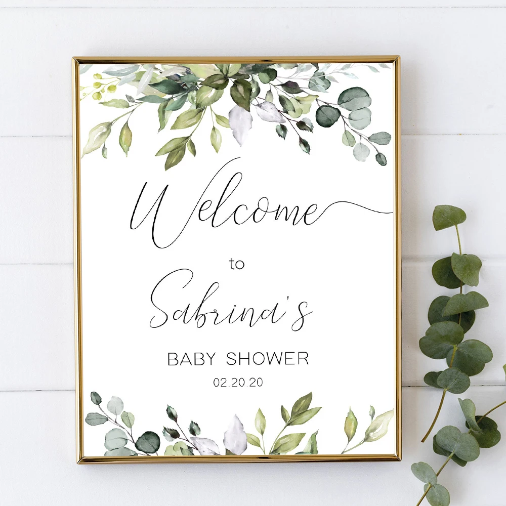 Custom Greenery Baby Shower Welcome Sign Poster Watercolor Birthday Personalized Art Print Baptism Wall Picture For Party Decor