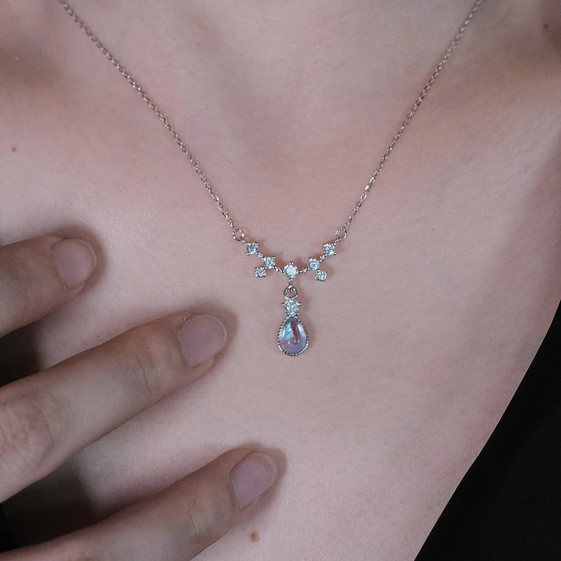 

PONYKISS 925 Sterling Silver Zircon Water Drop Moonstone Chain Necklaces for Women Minimalist Fine Jewelry Vintage Accessories