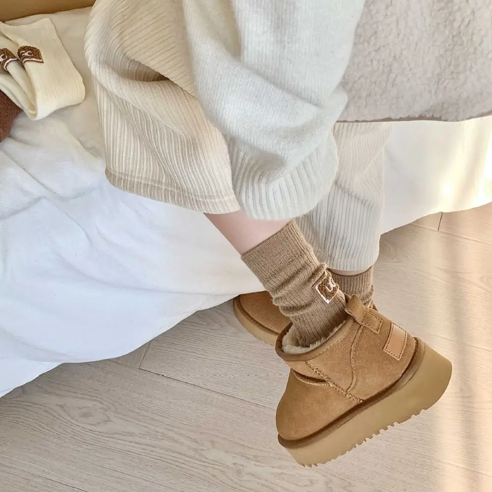 Ins Middle Tube Mid-Tube Socks Keep Warm Solid Color Snow Boot Socks Heel Furry Label Knitted Women Socks Autumn