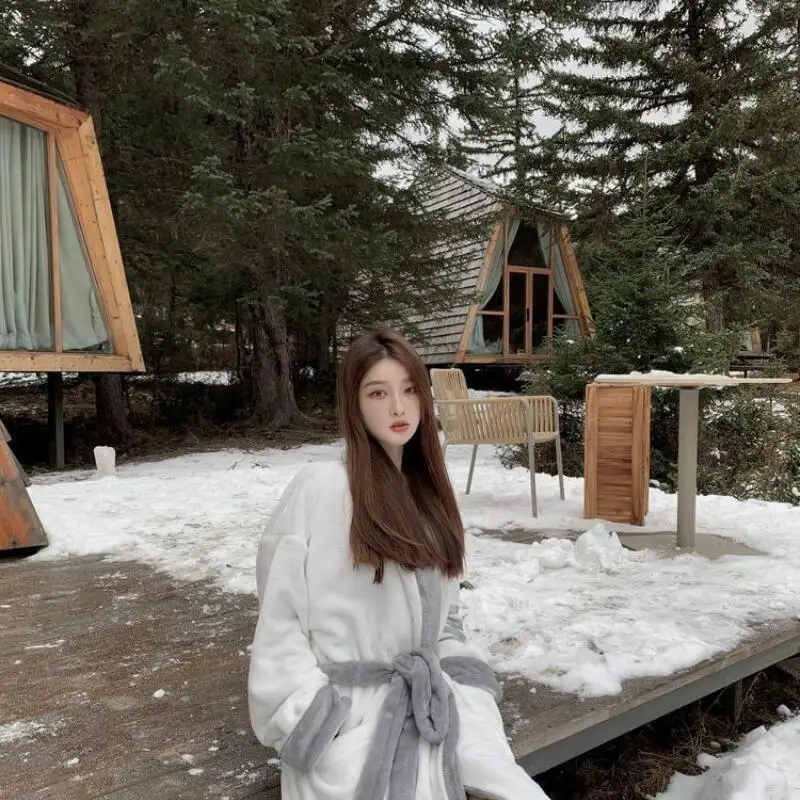 Ropa de mujer, pijamas gruesos con forro polar, bata de franela que mantiene el calor, ropa de casa, albornoz suelto, mantiene el calor, moda Sexy