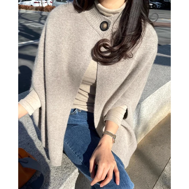 Gagarich Korean Chic Autumn Winter French Round Neck One Button Loose Versatile Cape Style Knitted Sweater Jacket Women