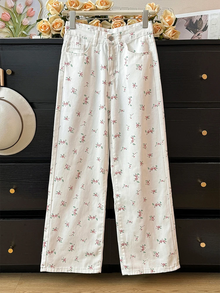 Sweet Floral Print Straight Jeans for Women Loose All-Matched High Waist Wide Leg Denim Pants Ladies Vintage Trousers