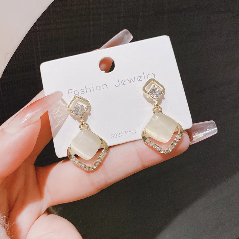 925 Silver Needle Korean Fashion Square Opal Drop Earrings For Women Jewelry 2026 Trending New Luxury Women's Crystal Earrings
