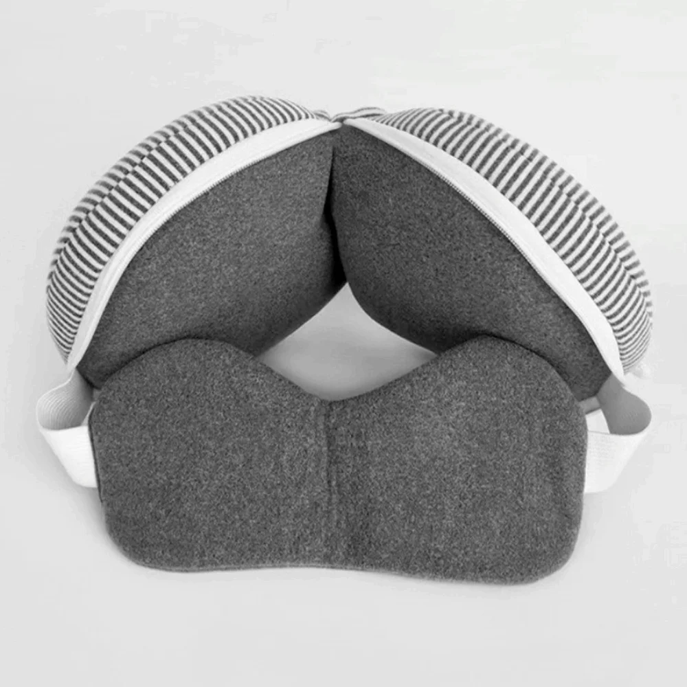 Fashion Stripe 2 in 1 Eye Mask Pillow Soft Foldable Travel Folding Pillow Sleep Tool Storage Hook Neck Headrest Office