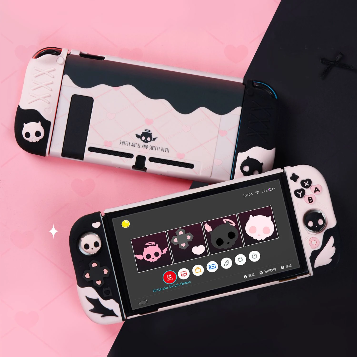 Sweet Skull Hard Back Case Shell Protector For Nintendo Switch 2/NS Oled Controller Thumb Grip Cap ABXY Buttons Silicone Cover
