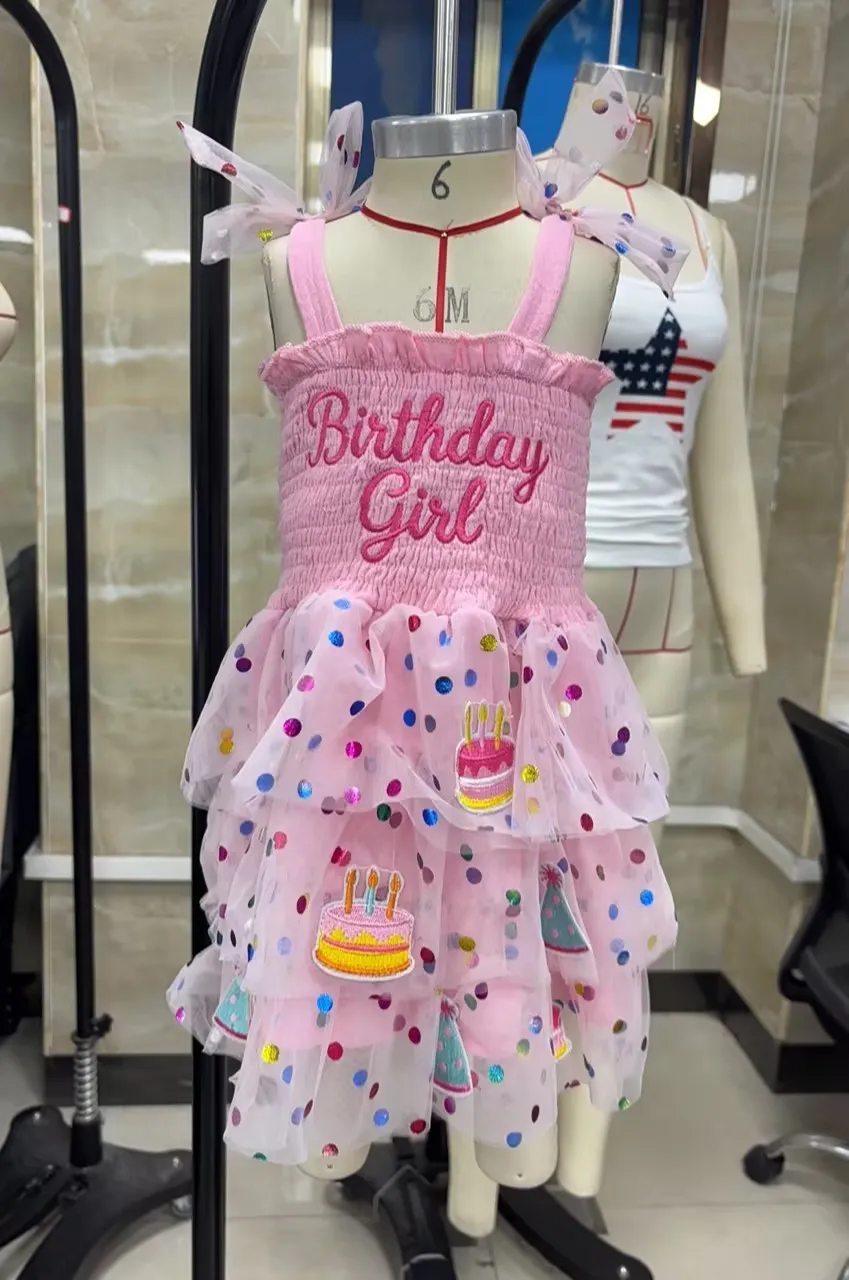 Toddler Baby Girl Birthday Dress A Line Letter Cake Candle Dot Pattern Smocked Flying Sleeve Layered Mesh Girls Casual Dresses
