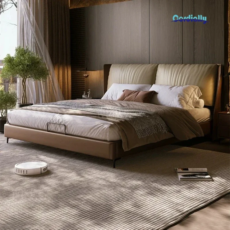 Elephant Ear Genuine Leather Bed, Italian Light Luxury Gas Lift Storage Double Bed 1.8m Master Bedroom Wedding Bed Frame