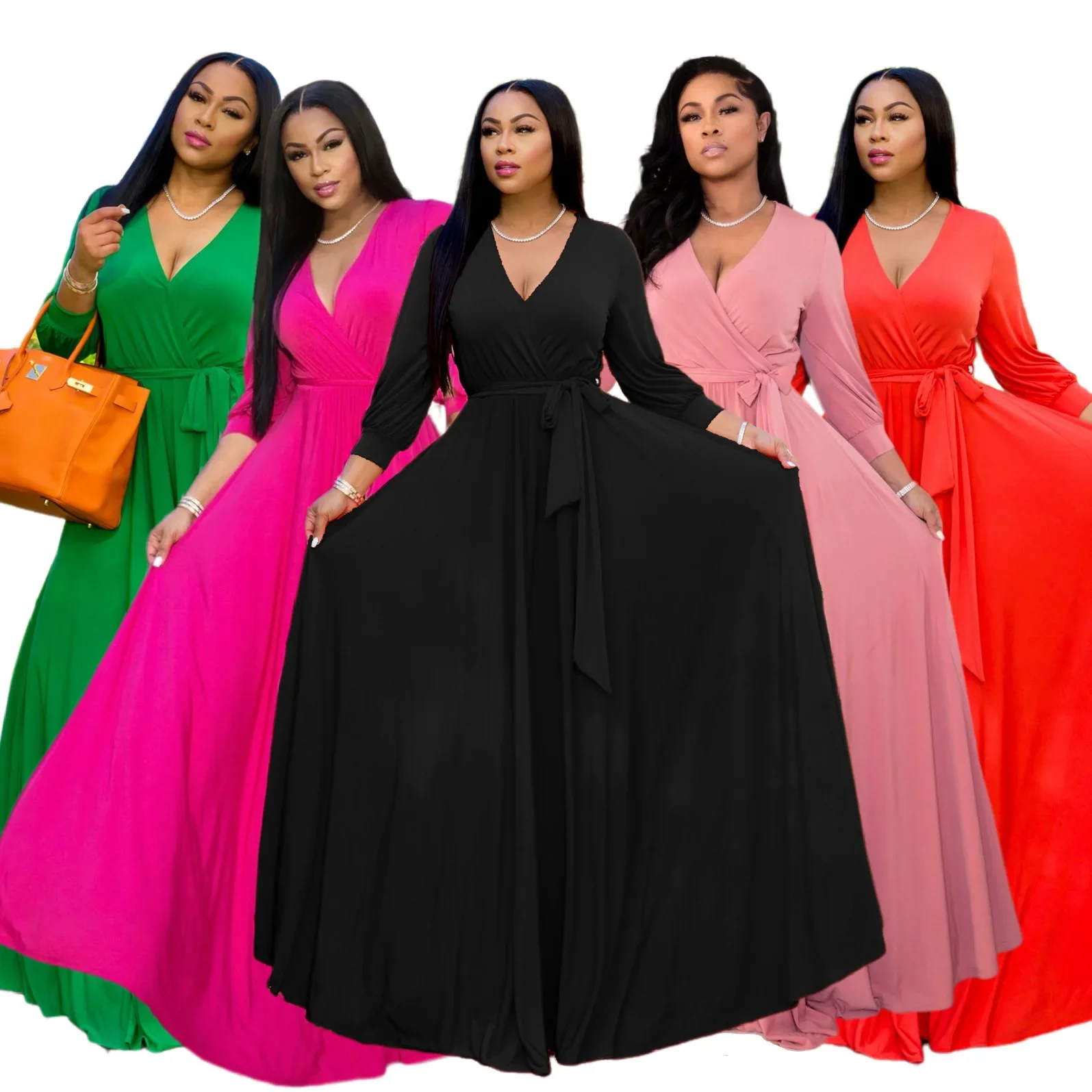 Elegant Evening Dress Big Swing V-neck Women Sexy Long Maxi Dress Muslim Lady Floor-length Party Gown Pink Black Chic Prom Frock