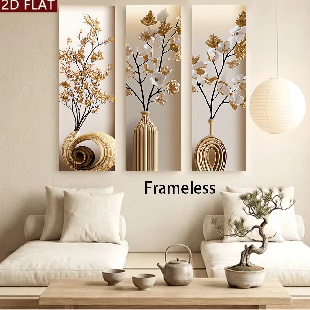 1 set of modern simple triple vase wall stickers, living room entrance staircase gold flower stickers, self-adhesive waterproof
