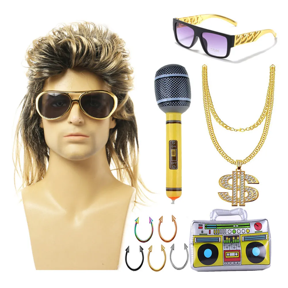 80S Retro Cosplay Mannen Vintage Pruik Lang Haar Golvende Pruik Accessoires Punk Rock Hoofddeksels Maskerade Performance Rekwisieten Halloween Pak