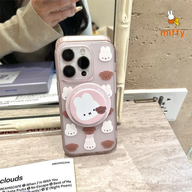 Kawaii Miffy غلاف الهاتف مناسبة آيفون 17 16 15 14 الكرتون ميفي وبوريس حامل مغناطيسي الوردي مكافحة إسقاط جراب هاتف الهدايا
