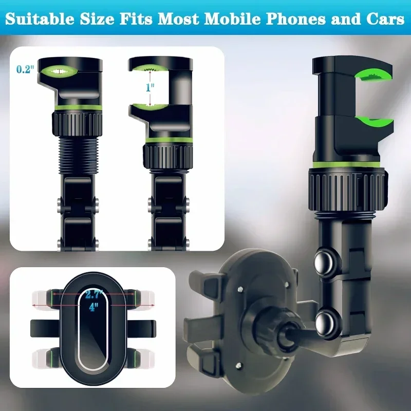 Rear View Mirror Car Phone Holder,360° Rotatable and Retractable mobile support, Fit All iPhone Android Mobile Phone & Most Car
