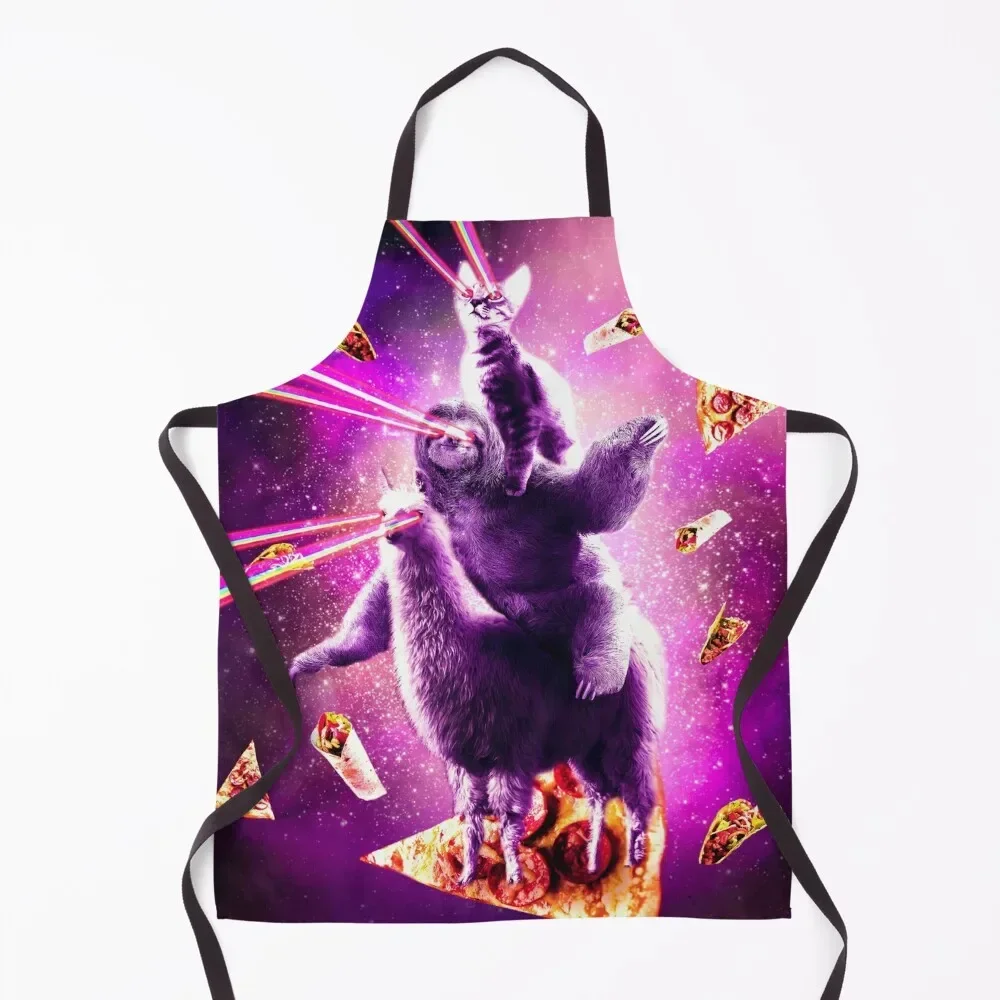 

Laser Eyes Space Cat Riding Sloth, Llama - Rainbow Apron waiter For Cosmetologist Men kitchen Apron