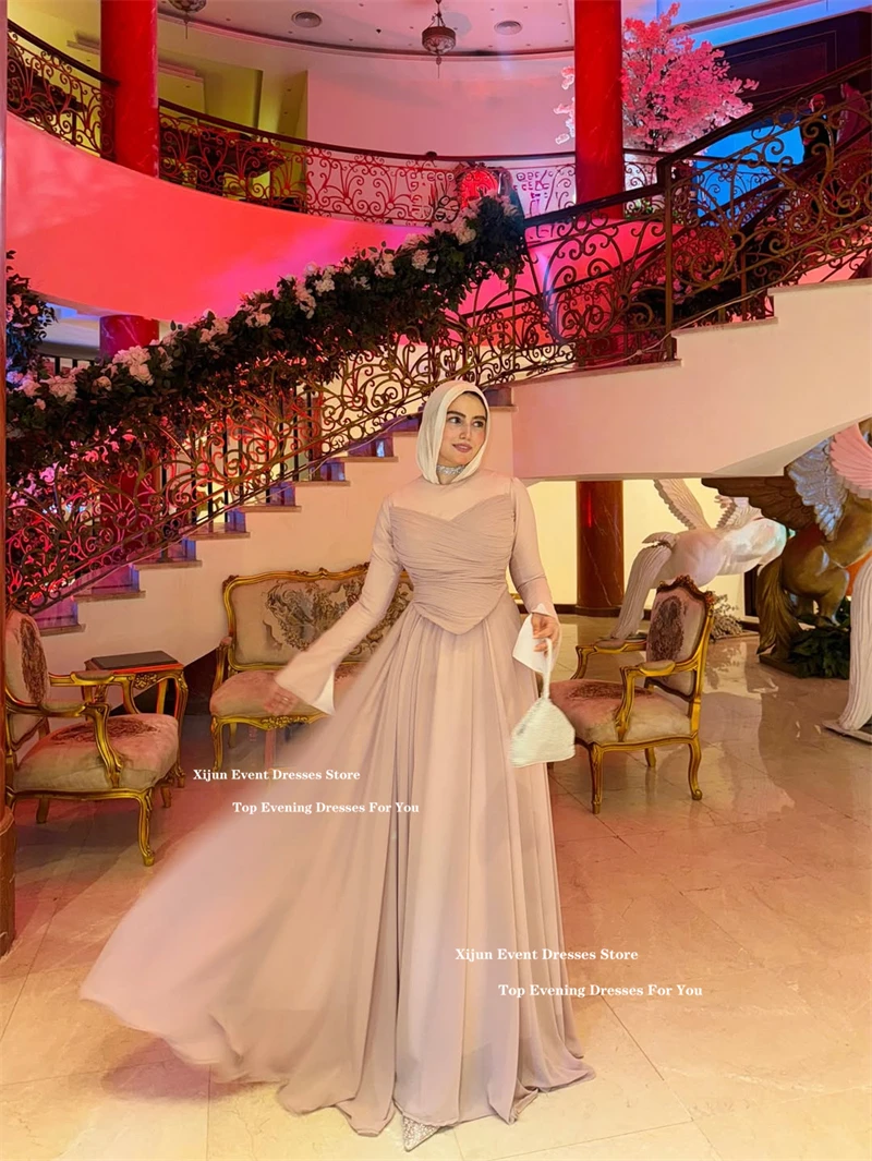 Suknie wieczorowe Xijun Modest Chiffon A-Line z długimi rękawami, Dubajskie muzułmańskie suknie balowe, długie do podłogi, formalne okazje, suknie balowe szyte na miarę