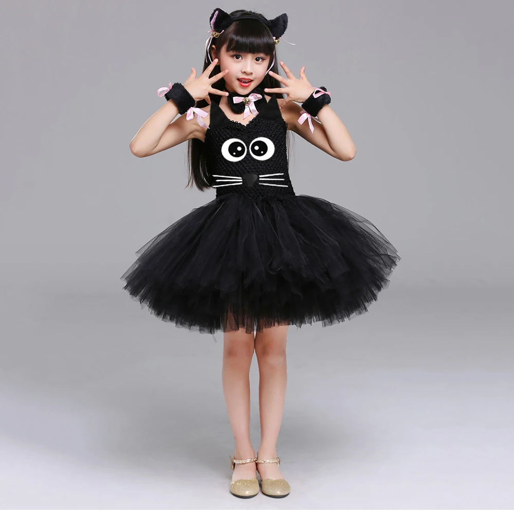 Kitty Tutu Dress Outfit For Kids Black Cat Animal Halloween Costumes Toddler Baby Girl Fancy Performance Birthday Party Dress