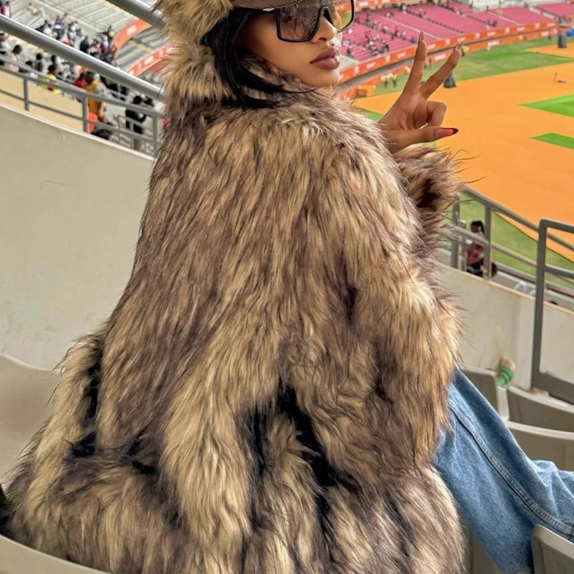 秋冬用ファー付きアウター レディース フェイクフォックスファーコート ジャケット ターンダウンカラー 長袖 オープンステッチ 厚手 暖かいファー ルーズ 2025