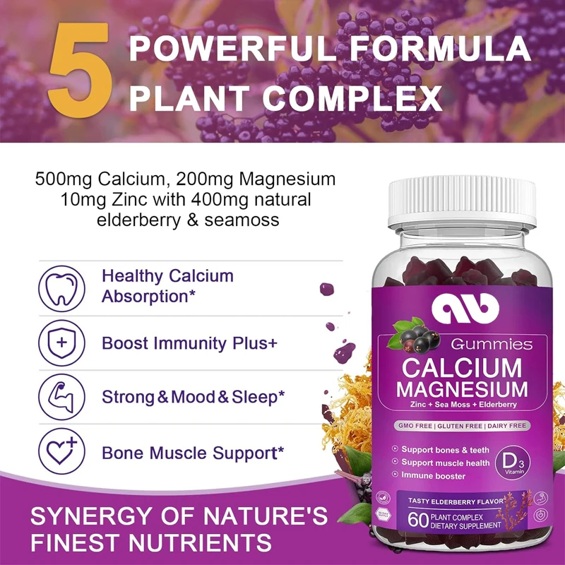 Calcium magnesium zinc gummies contain 200mg of magnesium glycinate, potassium, and D3, which support bones, muscles, and joints