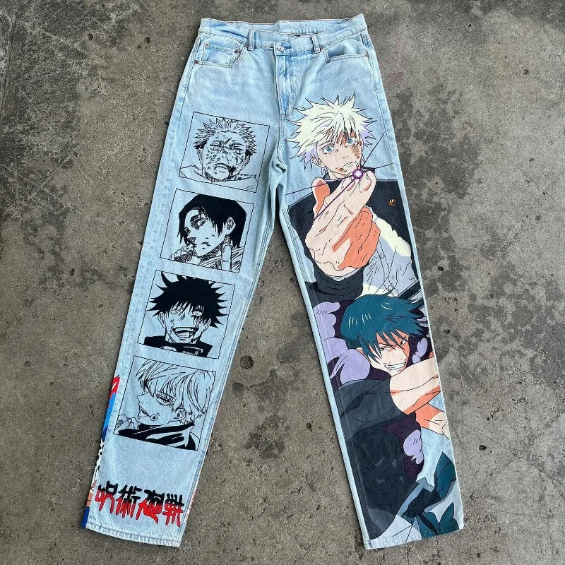 Y2k Jeans Männer Harajuku Anime Hip Hop Print Muster Jeans hoch taillierte Jeans größte Streetwear Ropa ästhetische Hose mit weitem Bein