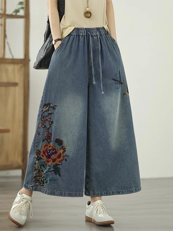 

Ретро вышитые широкие повседневные джинсы с высокой талией и эластичной резинкой на талии, универсальные свободные синие джинсовые брюки для женщин, летний сезон