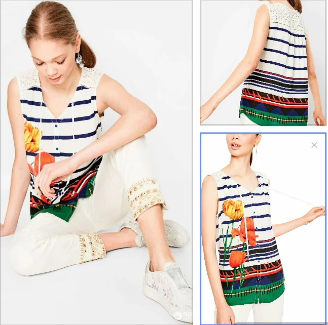 Foreign trade Spanish tail single print striped shoulder stitching hollow out sleeveless ladies shirt