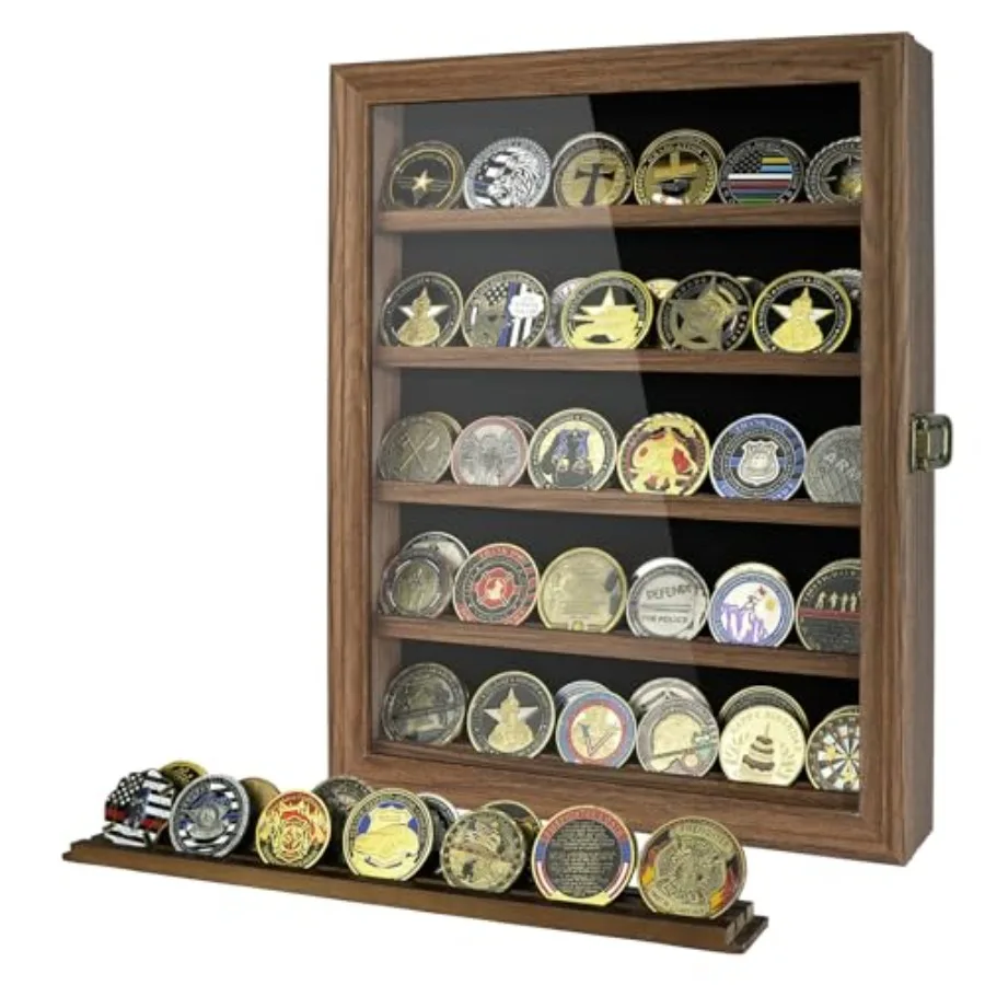 

Military Challenge Coin Holder Medal Display Case with HD Tempered Glass Door 5 Rows Poker Chips Shadow Box Cabinet Removable S