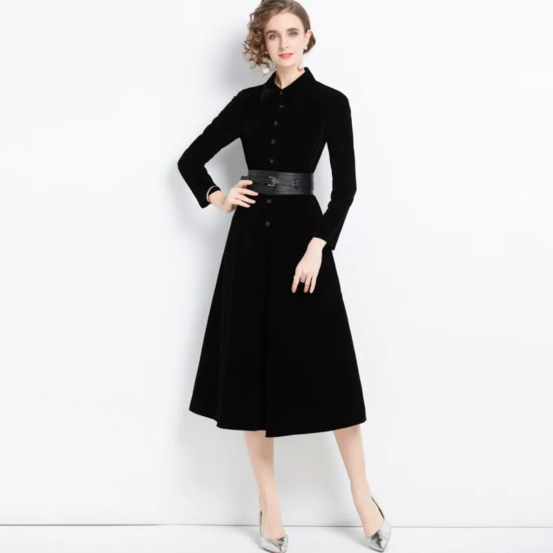 #2316 Autumn Winter Black Velvet Dress Women With Belt Office A-line Dress Ladies Buttons Slim Polo Collar Midi Dress Elegant