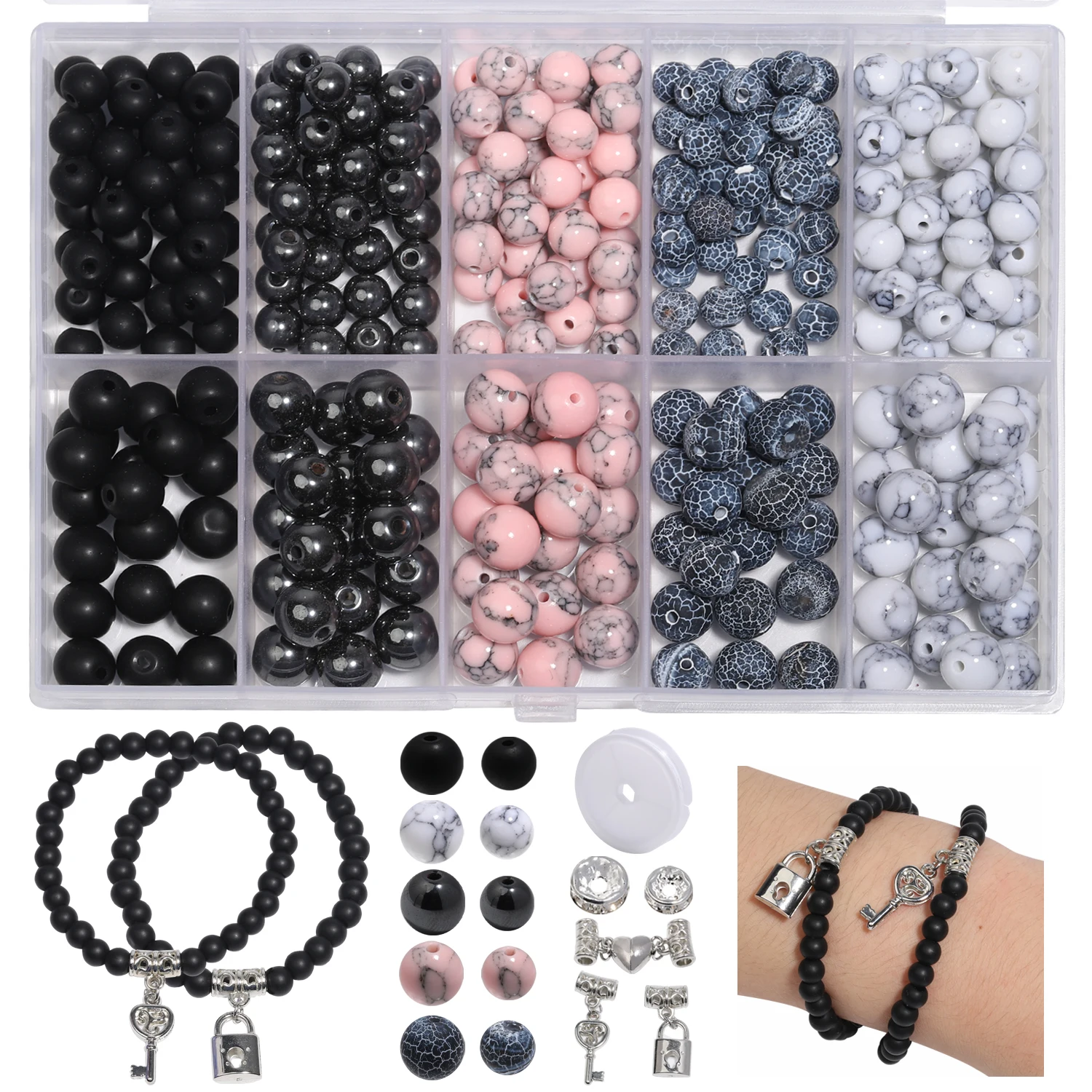 200pcs Natural Stone Beads Kits Hematite Onyx Beads Jewelry Making Kit Set Magnetic Clasps Elastic Cord for Lovers DIY Bracelets